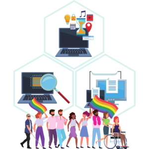Illustration of a group of diverse people in front of 3 images of computers
