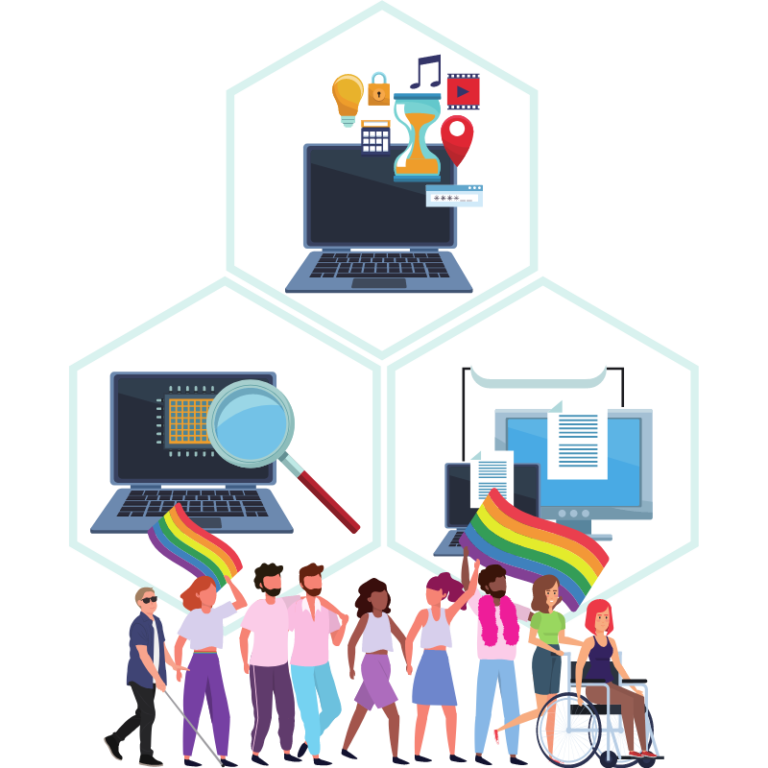 Illustration of a group of diverse people in front of 3 images of computers