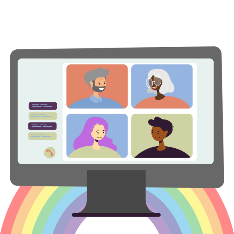 Illustration of a computer screen in front of a rainbow. On the screen several people are having a discussion on a video call.