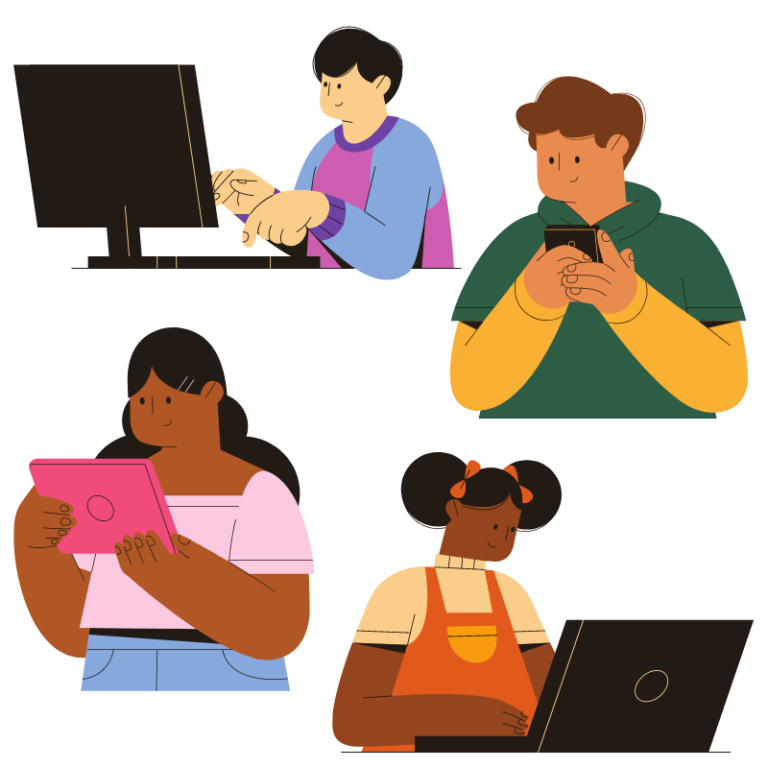 Illustrations of diverse people using different kinds of computers and mobile devices